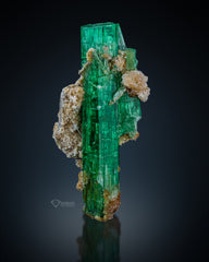 Double Terminated Dark Green Emerald Crystal with Calcite from Afghanistan