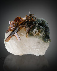 bunch of red Brookite perched on Chlorite Quartz