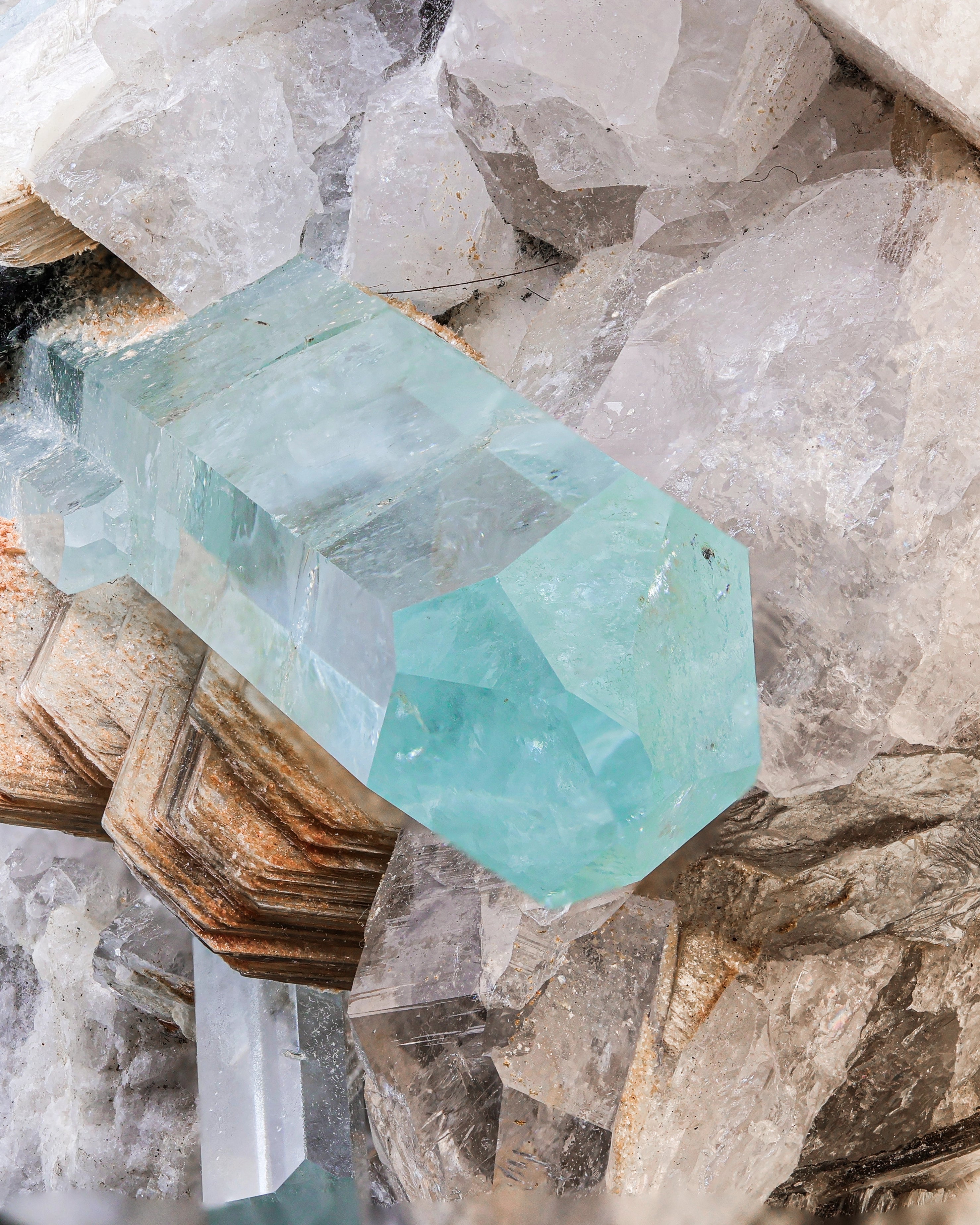 Terminated Aquamarine Crystals combine with Mica perched on Quartz and Schorl Matrix