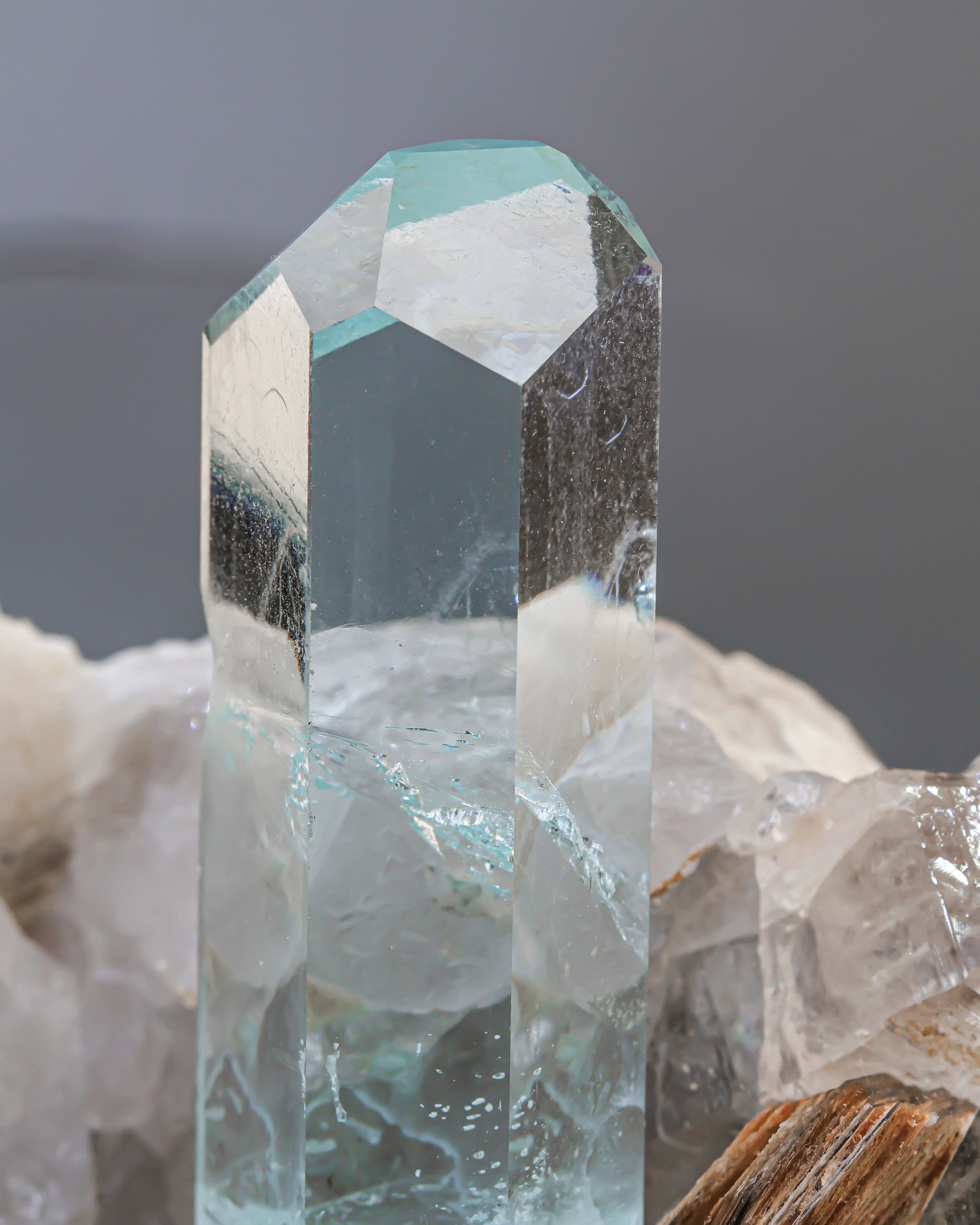 Terminated Aquamarine Crystals combine with Mica perched on Quartz and Schorl Matrix