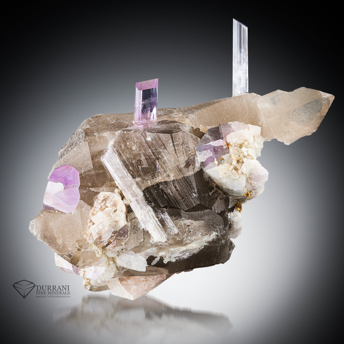 Terminated Kunzite crystals perched on Quartz