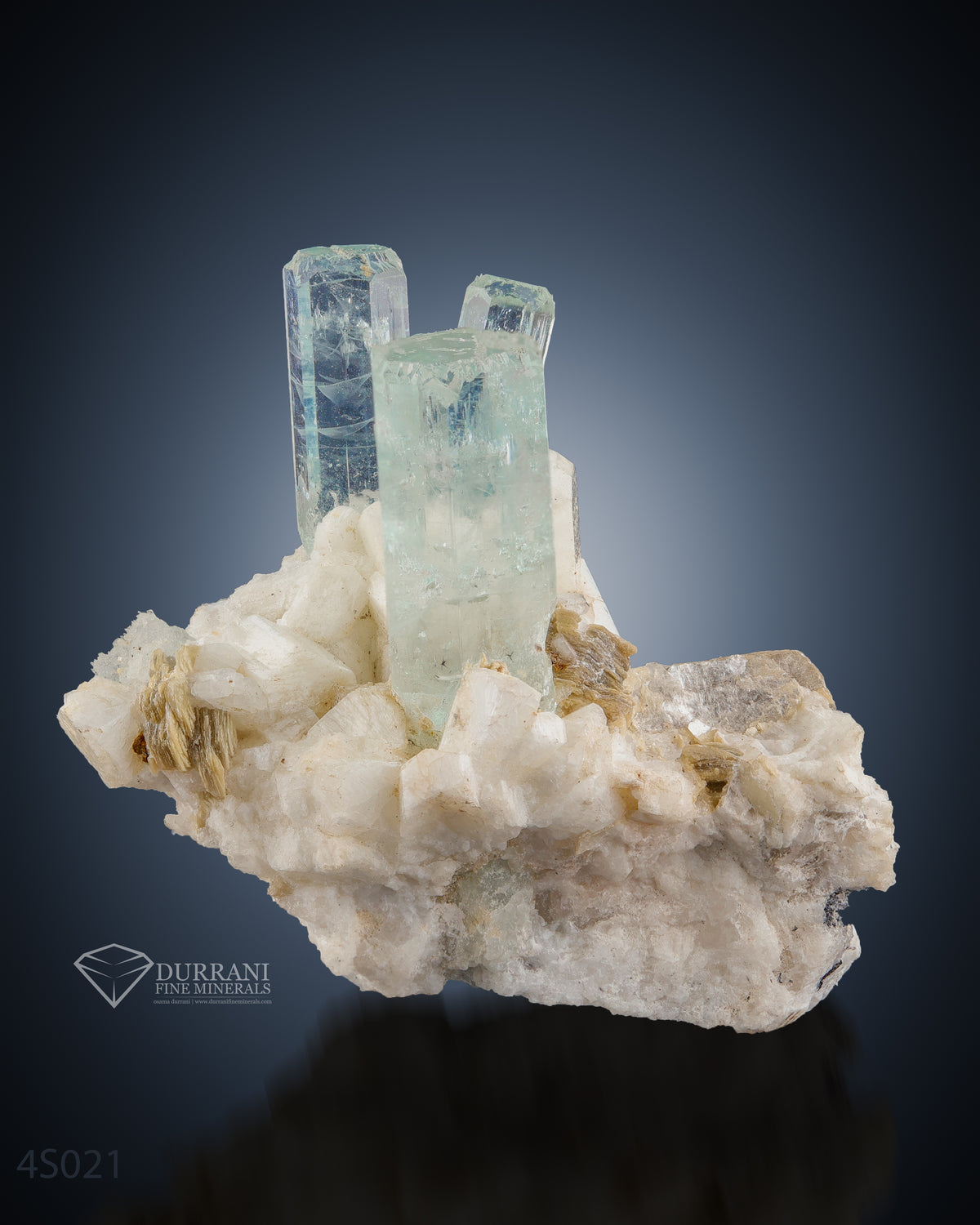 Adorable Aquamarine Crystals with Mica Perched on Feldspar Matrix