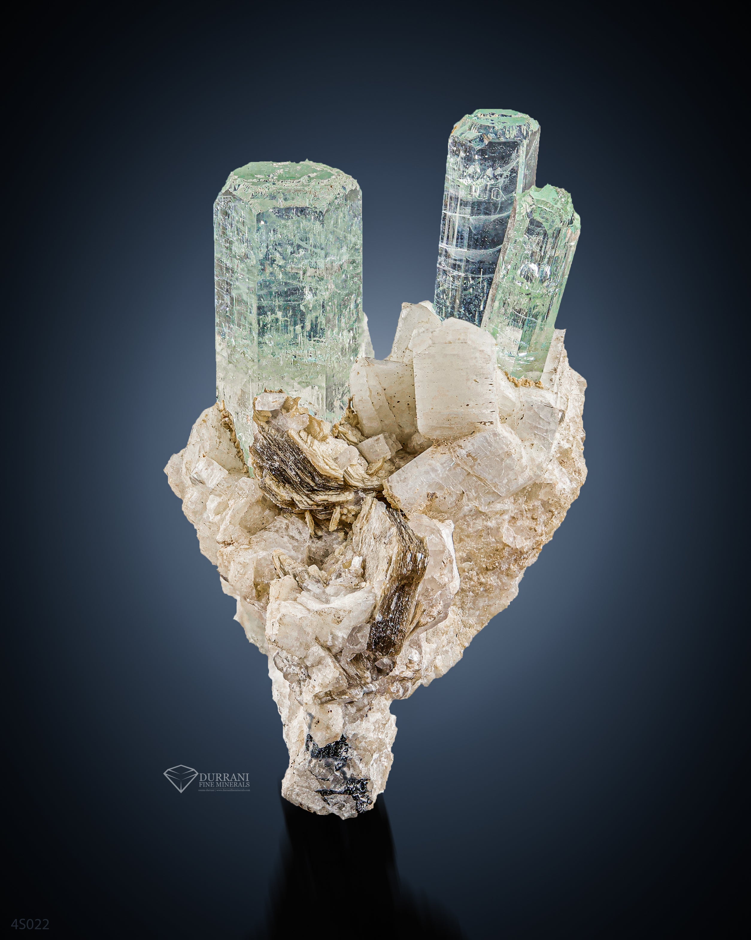 Adorable Aquamarine Crystals with Mica Perched on Feldspar Matrix