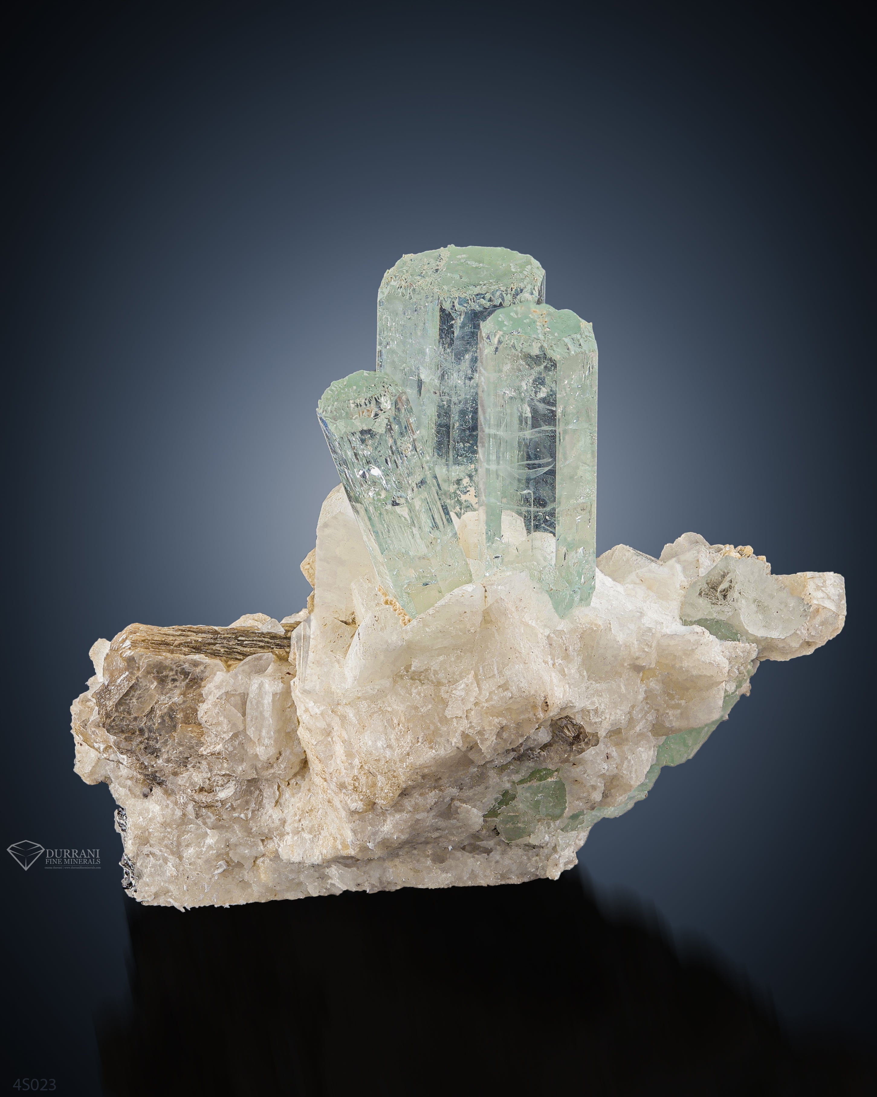 Adorable Aquamarine Crystals with Mica Perched on Feldspar Matrix