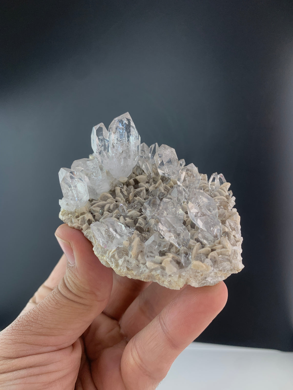 Incredible Diamond Quartz cluster perched on Calcite matrix