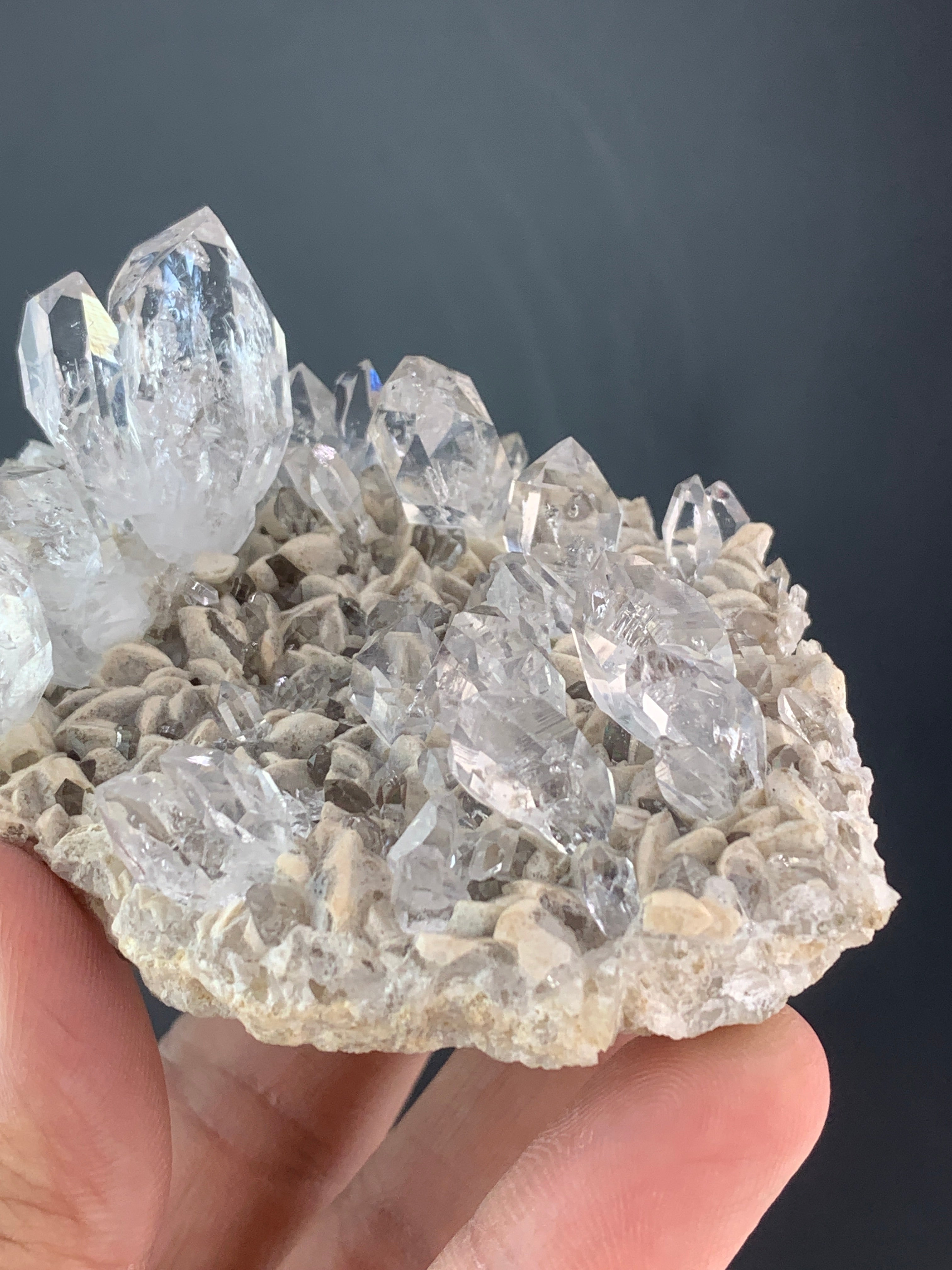 Incredible Diamond Quartz cluster perched on Calcite matrix