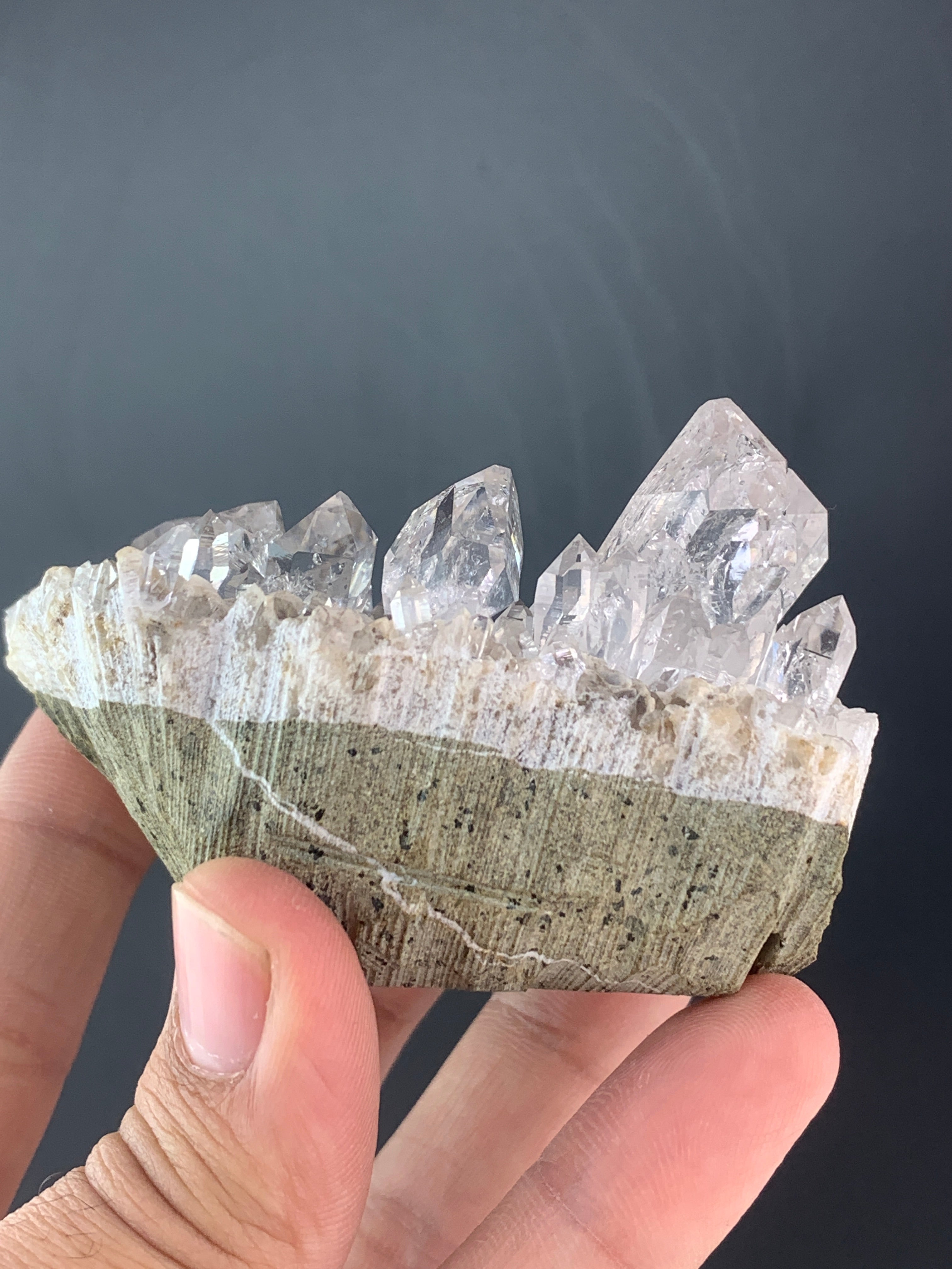 Incredible Diamond Quartz cluster perched on Calcite matrix