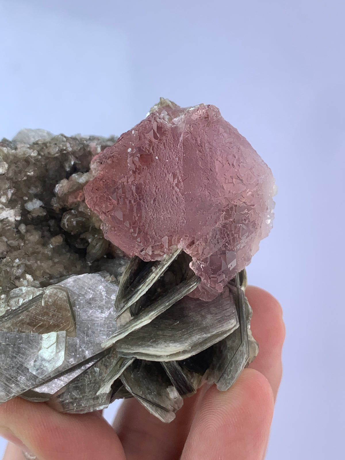 Pink Color Fluorite on mica from Nagar, Pakistan.