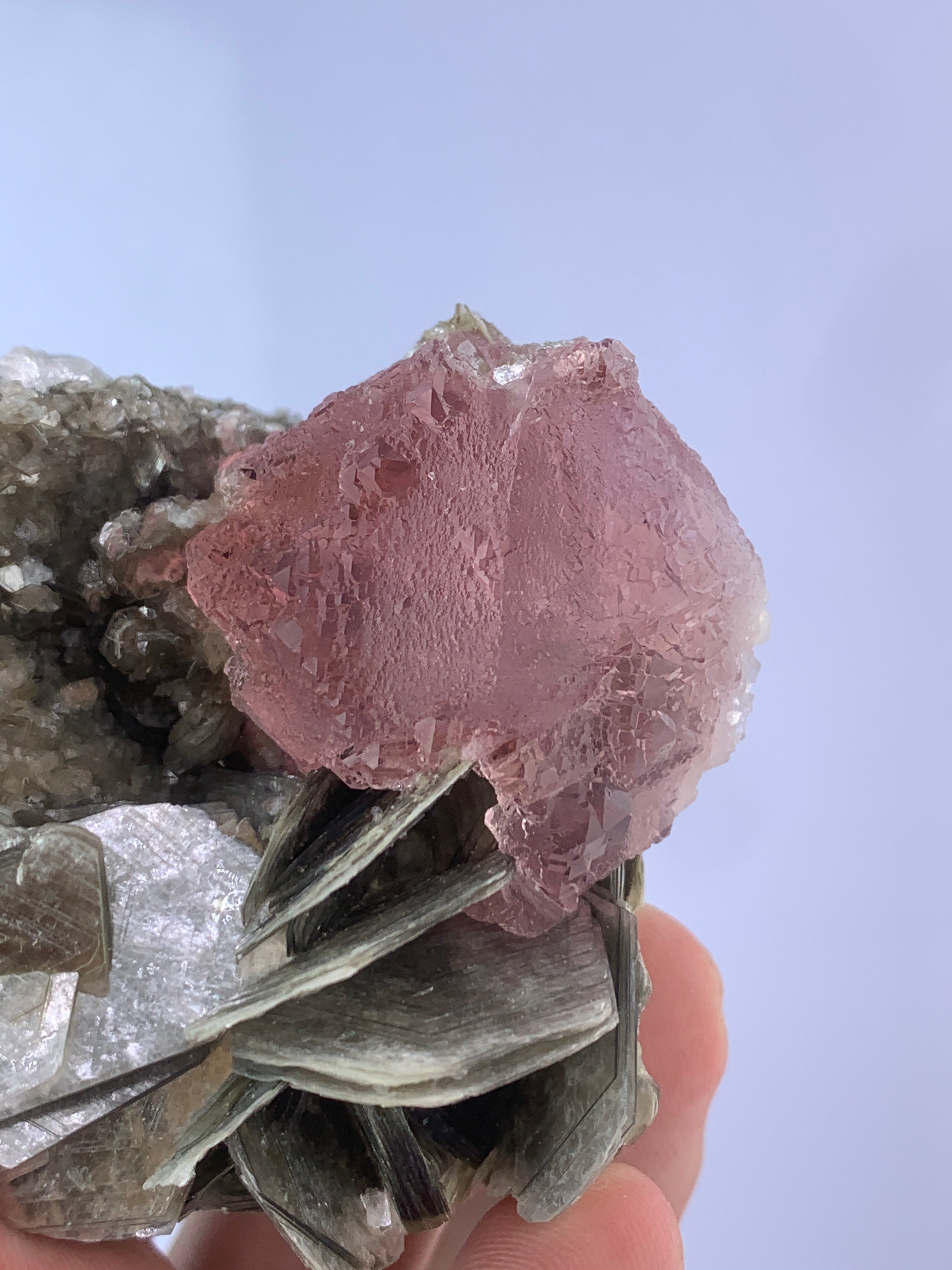 Pink Color Fluorite on mica from Nagar, Pakistan.