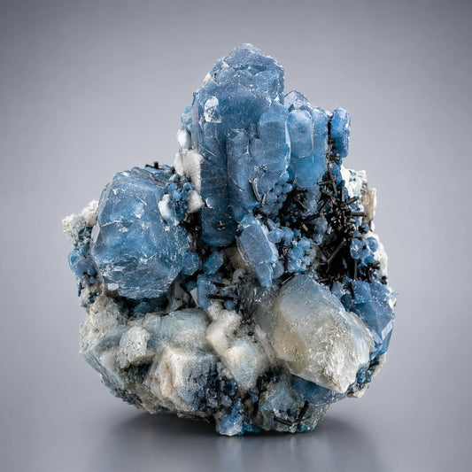 Natural Blue Quartz Crystal Cluster on Matrix with Tourmaline (690g) - Kunar, Afghanistan