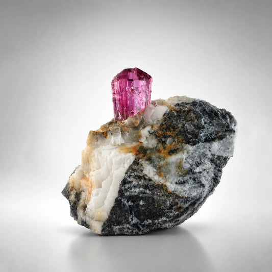 Natural Imperial Pink Topaz Crystal on Calcite Matrix (112g) - Katlang, Mardan, Pakistan